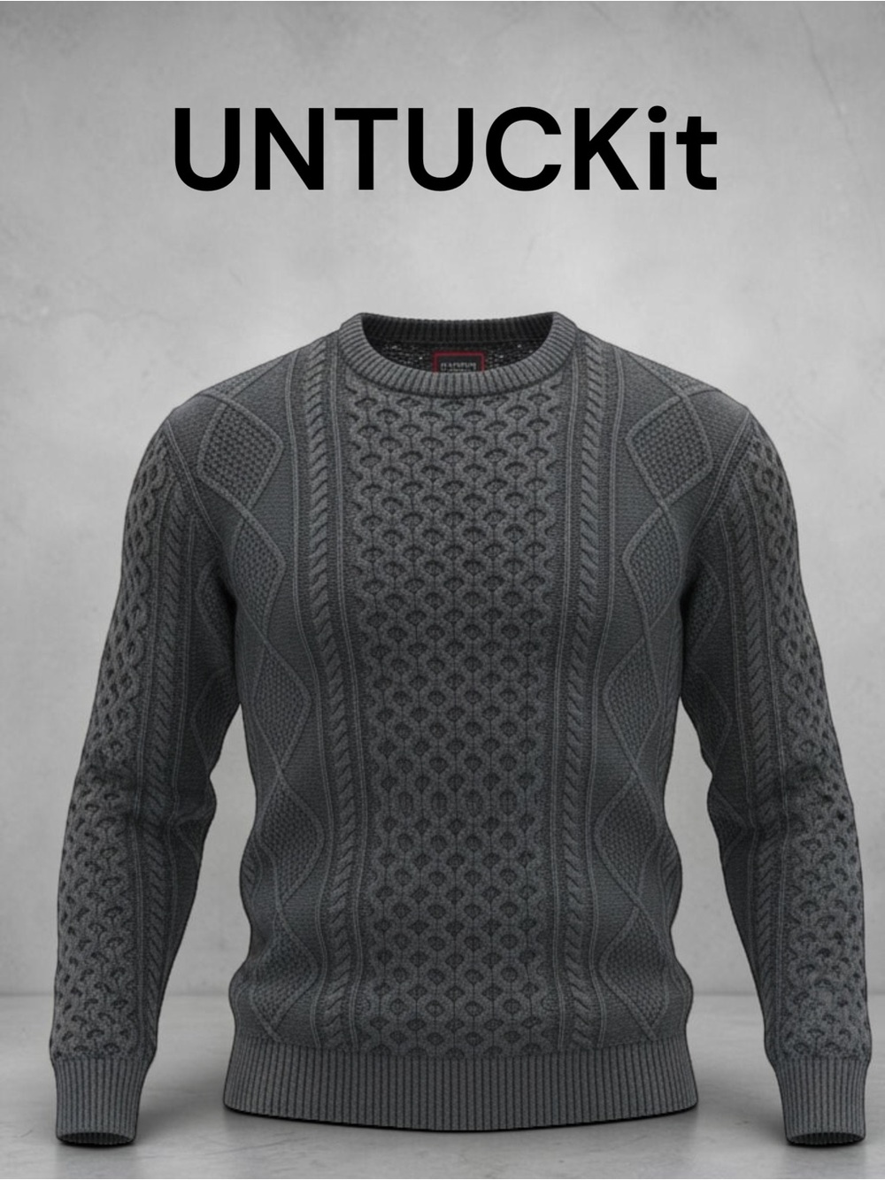 UNTUCKit Zefino Cable Crewneck Merino Wool Cotton Sweater Gray Fisherman Size M